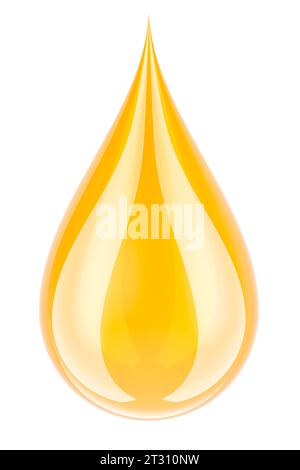 Goutte jaune, goutte d'huile, goutte de liquide doré. Rendu 3D isolé sur fond blanc Banque D'Images