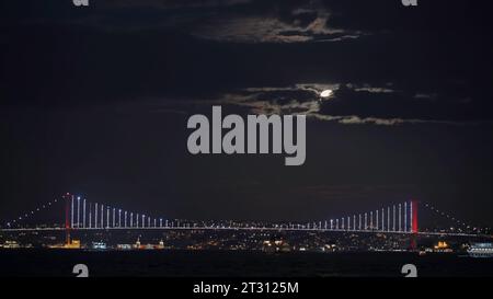 Beau pont illuminé au-dessus de la rivière sur le fond des lumières de la ville. Action. Nuit ciel nuageux et la lune. Banque D'Images