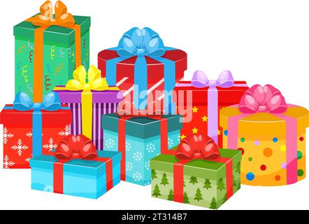 Différentes boîtes cadeaux avec ruban et noeud. Conceptions de cadeaux dans un emballage coloré pour célébrer diverses fêtes. Illustration vectorielle. Illustration de Vecteur