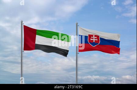 Drapeaux de la République slovaque ou de la Slovaquie et du Brésil agitant ensemble dans le vent sur un ciel nuageux bleu, concept de relation entre deux pays Banque D'Images