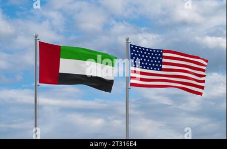 Drapeaux des États-Unis et du Brésil agitant ensemble dans le vent sur le ciel nuageux bleu, concept de relation de deux pays Banque D'Images