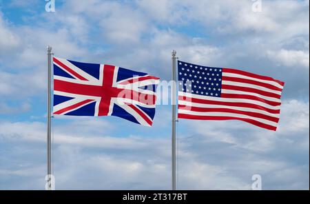 Drapeaux des États-Unis et du Brésil agitant ensemble dans le vent sur le ciel nuageux bleu, concept de relation de deux pays Banque D'Images