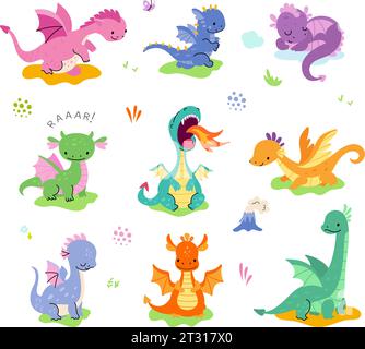 Dessin animé mignon dragon. Personnages dragons drôles isolés. Animaux mythiques avec flamme de feu et ailes. Petits dinosaures, set vectoriel enfantin nowaday Illustration de Vecteur