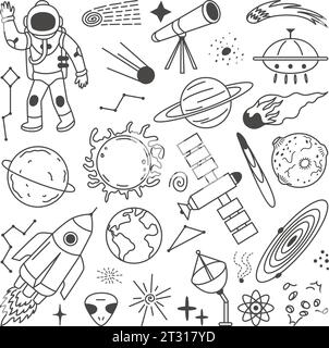 Espacer les éléments de doodle. Planètes du système solaire, astronaute et fusées. Objets astronomiques isolés, clipart graphique céleste. Collection de vecteurs néotériques Illustration de Vecteur