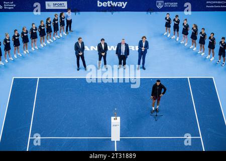 Anvers, Belgique. 22 octobre 2023. Le français Arthur fils photographié après le match de finale en simple entre Bublik et fils, lors de l'European Open tennis ATP Tournament, à Anvers, le dimanche 22 octobre 2023. BELGA PHOTO JASPER JACOBS crédit : Belga News Agency/Alamy Live News Banque D'Images