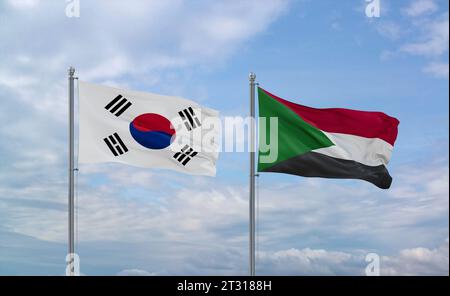 Drapeaux du Soudan et du Brésil agitant ensemble dans le vent sur un ciel nuageux bleu, concept de relation entre deux pays Banque D'Images