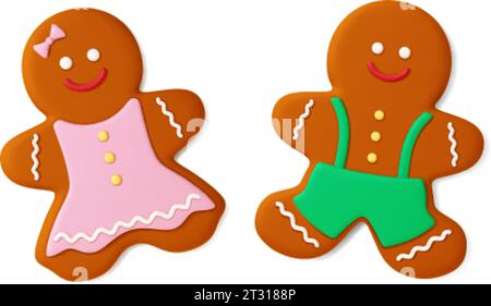 Mignon Gingerbread rendu 3D. Biscuits style noël, personnages masculins et féminins de pains d'épices. Nourriture de vacances sucrée, éléments vectoriels de boulangerie Illustration de Vecteur