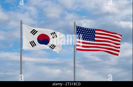 Drapeaux des États-Unis et du Brésil agitant ensemble dans le vent sur le ciel nuageux bleu, concept de relation de deux pays Banque D'Images