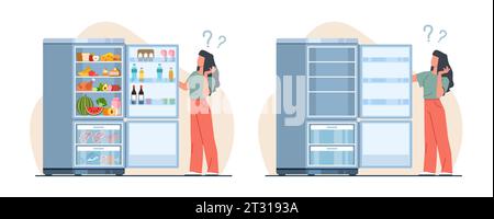 Fille se tient près du réfrigérateur plein et vide. Personnage féminin regardant dans le réfrigérateur ouvert. Différents produits eau, lait, fruits et légumes, dessin animé plat Illustration de Vecteur