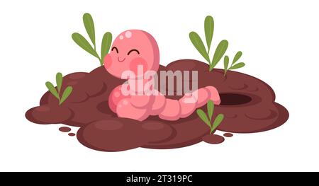 Un petit ver a rampé hors du trou dans le sol. Ver de terre mignon avec plante de croissance, mascotte drôle, crawler de sol. Agriculture et agriculture. Rainworm Illustration de Vecteur