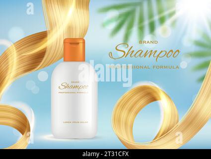 Publicités shampooing. Affiche réaliste avec illustration de cheveux protecteurs avec des effets de brillance modèle de conception de paquet vectoriel décent Illustration de Vecteur