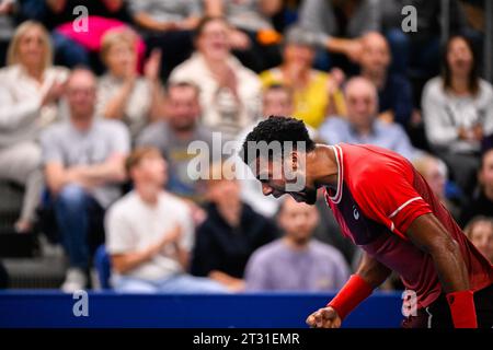 Anvers, Belgique. 22 octobre 2023. Le Français Arthur fils réagit lors du match de finale en simple entre Bublik et fils, lors du tournoi European Open tennis ATP, à Anvers, le dimanche 22 octobre 2023. BELGA PHOTO LAURIE DIEFFEMBACQ crédit : Belga News Agency/Alamy Live News Banque D'Images