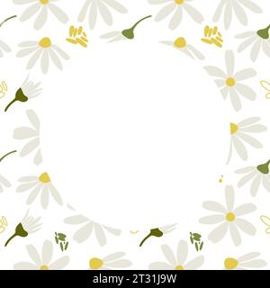 Modèle avec Marguerite blanche, fleurs de camomille. Jeu d'illustrations vectorielles. Jolie collection de plantes nature à tête de fleur ronde. Elément de décoration avec espace Illustration de Vecteur
