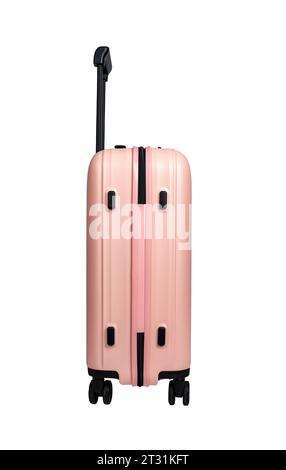 Vue latérale du sac. Valise spinner, bagage à main rose, bagage de voyage isolé sur blanc Banque D'Images