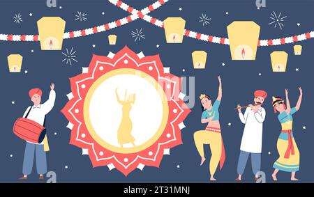 Bannière de nuit Garba. Joyeux navratri, musiciens et danseurs indiens. Dandiya filles danse, lanternes et guirlandes. Scène orientale vectorielle récente Illustration de Vecteur
