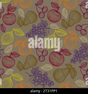Motif de fruits sans couture vecteur vintage dans le style de gravure. Motif rétro avec des fruits colorés dans un style rétro. Illustration de Vecteur
