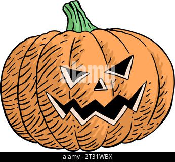 Vector Creepy Orange Pumpkin sculpté avec des yeux Spooky et sourire. Illustration de dessin animé Jack-o-Lantern dessiné à la main Illustration de Vecteur