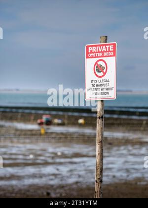 Usage éditorial seulement - Un signe renforçant le message - des lits d'huîtres privés. Il est illégal de récolter des huîtres sans autorisation. Bancs d'huîtres Whitstable, Banque D'Images