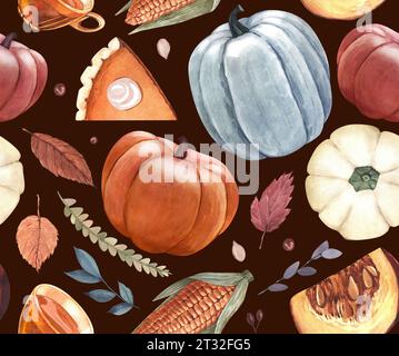 Citrouilles à motif aquarelle, tarte à la citrouille, feuilles d'automne, pomme et objets du jour de Thanksgiving. Illustration dessinée à la main isolée sur fond blanc Banque D'Images