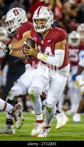 Octobre 21 2023 Palo Alto, CA USA le quarterback de Stanford Ashton Daniels (14) cherche un receveur ouvert lors du match de football NCAA entre les Bruins de l'UCLA et le Cardinal de Stanford. UCLA a battu Stanford 42-7 au Stanford Stadium Palo Alto, CA Thurman James/CSM Banque D'Images