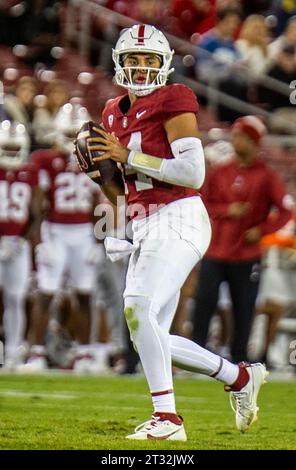 Octobre 21 2023 Palo Alto, CA USA le quarterback de Stanford Ashton Daniels (14) cherche un receveur ouvert lors du match de football NCAA entre les Bruins de l'UCLA et le Cardinal de Stanford. UCLA a battu Stanford 42-7 au Stanford Stadium Palo Alto, CA Thurman James/CSM Banque D'Images