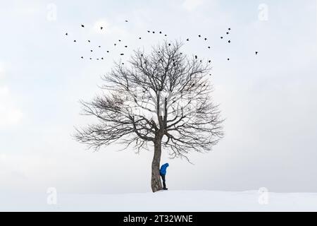 Un paysage minimaliste avec un arbre solitaire debout au milieu d'un champ couvert de neige, un voyageur solitaire sous lui, et un troupeau d'oiseaux noirs dans le ciel Banque D'Images