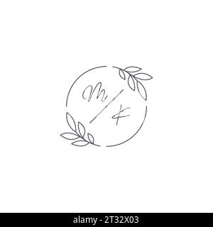 Initiales MK logo de mariage monogramme avec contour de feuille simple et graphique vectoriel de style cercle Illustration de Vecteur