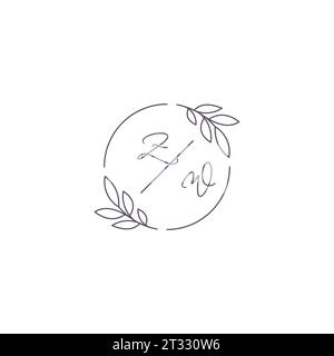 Initiales ZW monogramme logo de mariage avec contour de feuille simple et graphique vectoriel de style cercle Illustration de Vecteur