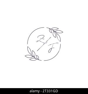 Initiales ZF monogramme logo de mariage avec contour de feuille simple et graphique vectoriel de style cercle Illustration de Vecteur