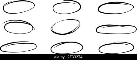 Ensemble de cercles de surbrillance lissés. Collection Doodle et Scribble ellipses. Ovales dessinés à la main noirs ou bulles pour accentuer. Éléments ronds esquissés pour collage, affiche, bannière, couverture. Pack Vector Illustration de Vecteur