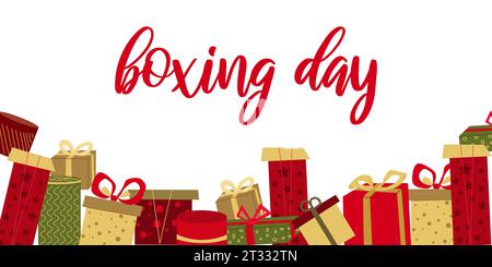 Le lendemain de Noël. Bannière horizontale. Boîtes de vacances de couleur. Beaucoup de boîtes cadeaux colorées sur un fond blanc. Concevoir des cartes de vœux. Fête, Noël, anniversaire. Illustration vectorielle. Illustration de Vecteur