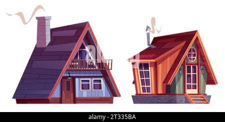 Ensemble de maisons de chalet en bois isolé sur fond blanc. Illustration de dessin animé vectoriel de petites cabanes avec des toits mansardés, porche et fenêtres, cheminée Wit Illustration de Vecteur