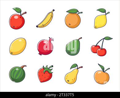 Fruits mignons mis dans le style de dessin animé. Collecte des fruits. Icônes de fruits, autocollants, mascottes. Illustration vectorielle isolée sur fond blanc. Illustration de Vecteur