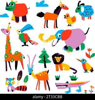 Personnages animaux et personnages dessinés par enfant Illustration de Vecteur