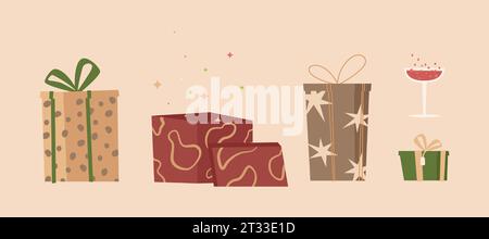 Ensemble vectoriel de cadeaux et de champagne. Boîtes cadeaux mignonnes dessinées à la main pour les vacances d'hiver. Pour un stickers, cartes et invitations de vacances Illustration de Vecteur