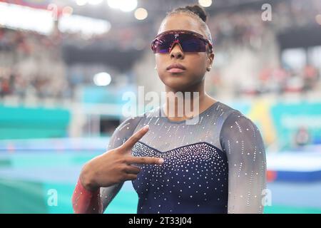 Santiago, Chili. 22 octobre 2023. Zoey Miller, des États-Unis, pose pour une photo lors de la finale par équipe féminine de gymnastique artistique des Jeux panaméricains de Santiago 2023, au National Stadium Sports Park, à Santiago le 22 octobre. Photo : Heuler Andrey/DiaEsportivo/Alamy Live News crédit : DiaEsportivo/Alamy Live News Banque D'Images