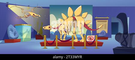 Exposition au musée avec fossile de dinosaure stégosaure. Squelette animal ptérodactyle et exposition d'empreintes de dinosaures anciennes sur piédestal dans la salle d'exposition paléontologique jurassique. Chambre avec artéfact archéologique Illustration de Vecteur
