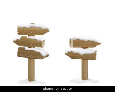 Panneau en bois recouvert de vecteur de dessin animé 3d de neige. Illustration réaliste de divers panneaux de flèches enneigées vierges et bannières avec texture en bois pour l'hiver et Noël texte et signes publicitaires. Illustration de Vecteur