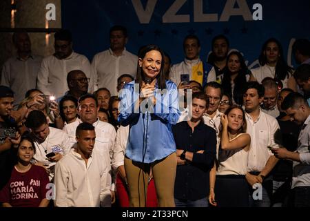 Caracas, capitale du district, Venezuela. 23 octobre 2023. Maria Corina Machado celebra el resultado anunciado por la ComisiÃ³n Nacional de Primarias en el que se le da como ganadora de las elecciones primarias de la oposiciÃ³n venezolana (crédit image : © Elena Fernandez/ZUMA Press Wire) USAGE ÉDITORIAL UNIQUEMENT! Non destiné à UN USAGE commercial ! Banque D'Images