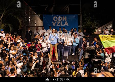 Caracas, capitale du district, Venezuela. 23 octobre 2023. Maria Corina Machado celebra el resultado anunciado por la ComisiÃ³n Nacional de Primarias en el que se le da como ganadora de las elecciones primarias de la oposiciÃ³n venezolana (crédit image : © Elena Fernandez/ZUMA Press Wire) USAGE ÉDITORIAL UNIQUEMENT! Non destiné à UN USAGE commercial ! Banque D'Images