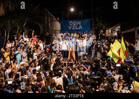 Caracas, capitale du district, Venezuela. 23 octobre 2023. Maria Corina Machado celebra el resultado anunciado por la ComisiÃ³n Nacional de Primarias en el que se le da como ganadora de las elecciones primarias de la oposiciÃ³n venezolana (crédit image : © Elena Fernandez/ZUMA Press Wire) USAGE ÉDITORIAL UNIQUEMENT! Non destiné à UN USAGE commercial ! Banque D'Images