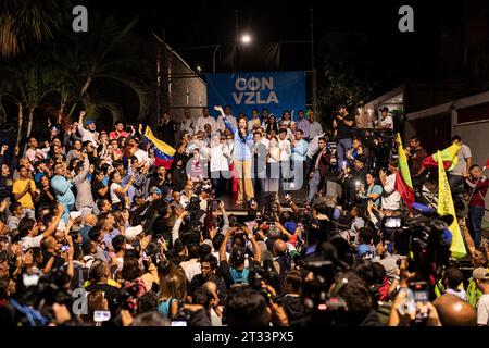 Caracas, capitale du district, Venezuela. 23 octobre 2023. Maria Corina Machado celebra el resultado anunciado por la ComisiÃ³n Nacional de Primarias en el que se le da como ganadora de las elecciones primarias de la oposiciÃ³n venezolana (crédit image : © Elena Fernandez/ZUMA Press Wire) USAGE ÉDITORIAL UNIQUEMENT! Non destiné à UN USAGE commercial ! Banque D'Images