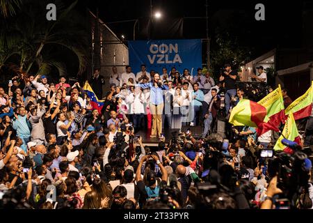 Caracas, capitale du district, Venezuela. 23 octobre 2023. Maria Corina Machado celebra el resultado anunciado por la ComisiÃ³n Nacional de Primarias en el que se le da como ganadora de las elecciones primarias de la oposiciÃ³n venezolana (crédit image : © Elena Fernandez/ZUMA Press Wire) USAGE ÉDITORIAL UNIQUEMENT! Non destiné à UN USAGE commercial ! Banque D'Images