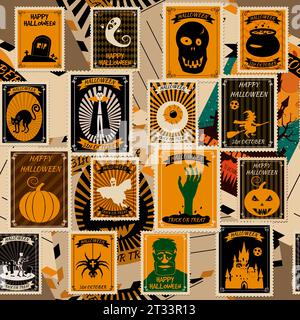 Motif sans couture Halloween vieux timbres-poste vintage Illustration de Vecteur