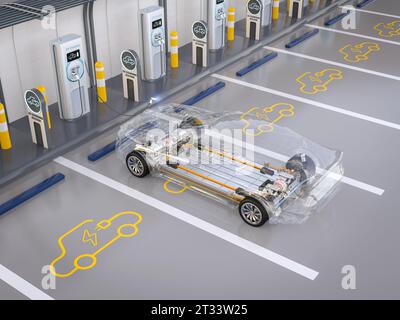 3d rendant transparent voiture ev ou véhicule électrique plug in avec station de recharge Banque D'Images