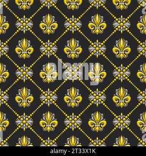 Vector Fleur de LIS Seamless Pattern, répétition carrée arrière-plan avec des illustrations de motif de treillis et de fleur de lis française jaune dans les cellules de losange o Illustration de Vecteur