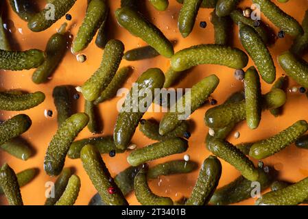 Chute de délicieux concombres marinés marinés sur un fond orange. Photo 3D. Banque D'Images