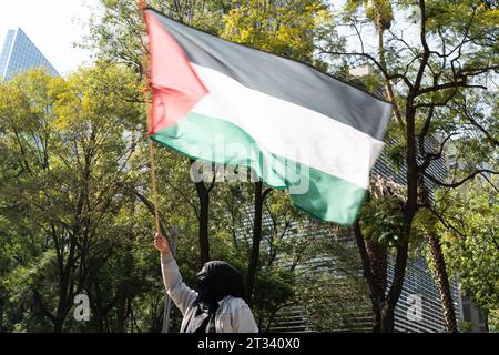 marche pro-Palestine, Mexico, Mexique. 22 octobre 2023. Une femme agite un drapeau palestinien lors de la marche. Des milliers de personnes protestent à Mexico, tout en répétant à plusieurs reprises ÕItÕs pas une guerre. ItÕs génocide'. Beaucoup de gens ont brandi des drapeaux palestiniens, d'autres ont porté un keffiyeh en solidarité avec le peuple palestinien. Divers groupes ont participé à la marche, dont le Parti communiste mexicain, des militants pro-avortement et des groupes LGBTQ. Crédit : Lexie Harrison-Cripps/Alamy Live News Banque D'Images