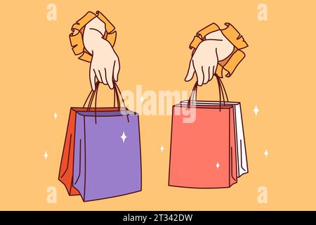 Mains les gens avec des sacs à provisions en papier dépassent des trous dans la bannière pour la publicité des centres de réduction. Les sacs en papier fabriqués à partir de matériaux recyclés symbolisent le recyclage des produits et le souci de l'environnement. Illustration de Vecteur