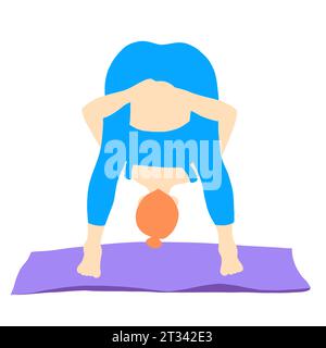 Entraînement en yoga pose de cheveux rad fille européenne en bleu tracksuit sur un tapis violet. Pilates, sport, santé. Femme, femme, femme. Illustration vectorielle dans Illustration de Vecteur